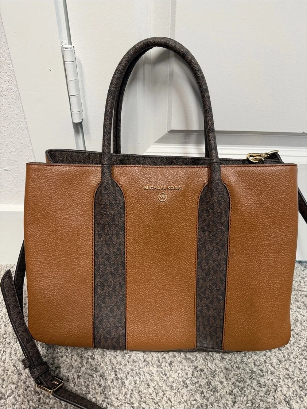 Michael Kors Brown & Tan Signature Stripe Messenger Tote
